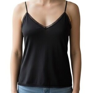 Eloise by Anthropologie Camisole Womens Small Black 100% Silk Lace‎ Trim V-Neck